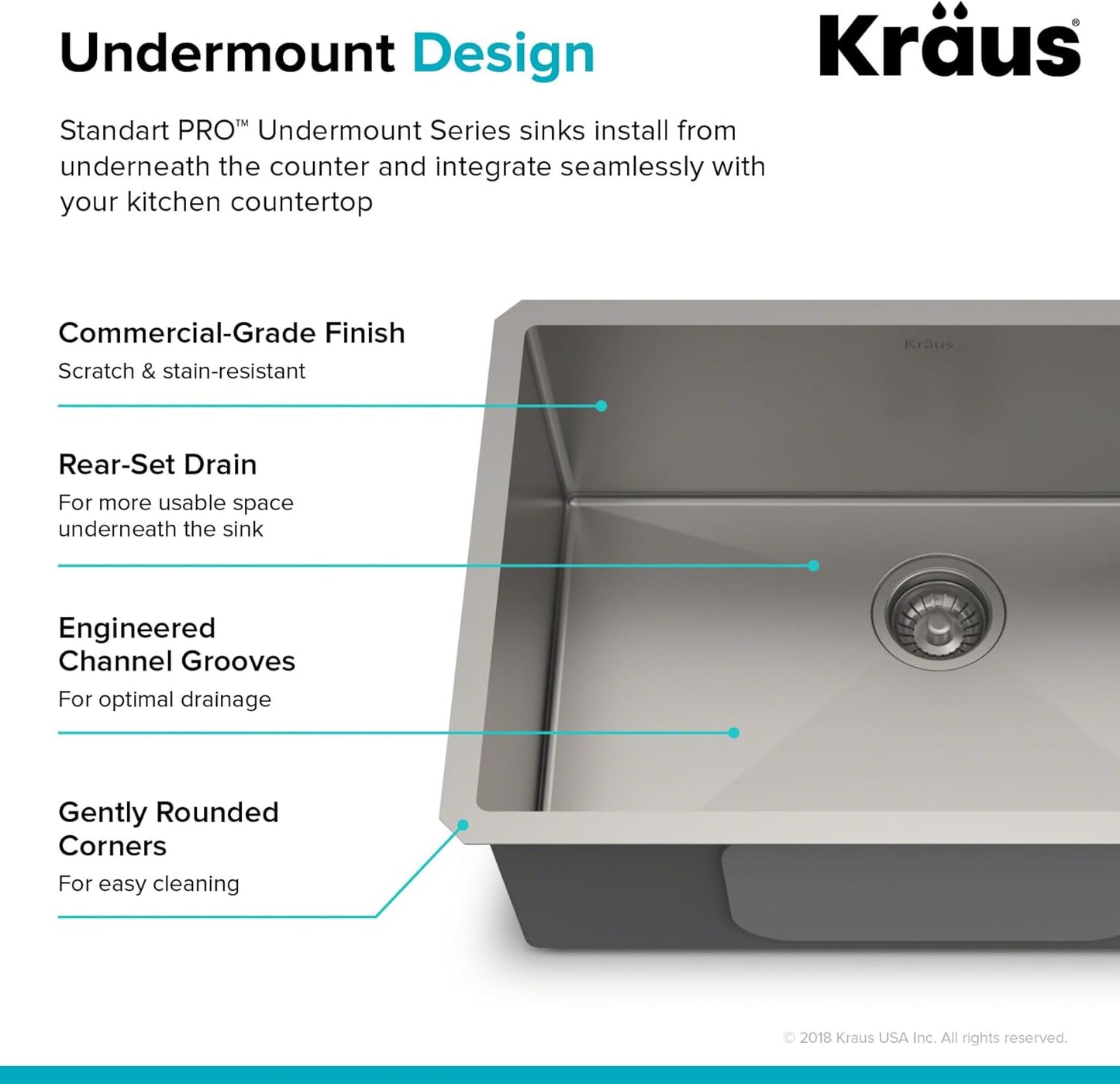 Standart PRO 26-Inch 16 Gauge Undermount Single Bowl Stainless Steel Kitchen Sink, KHU100-26