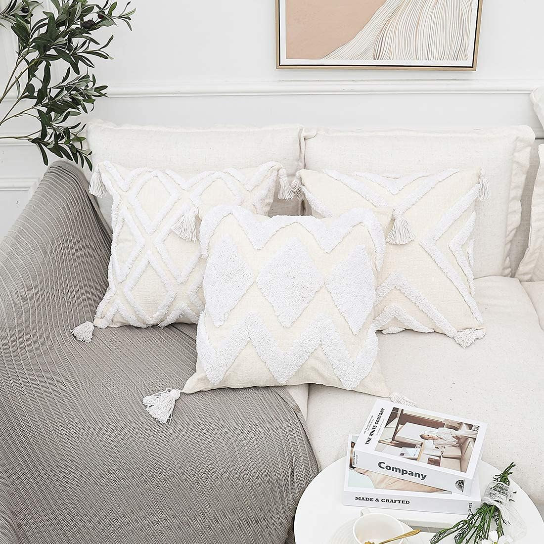 Boho White Throw Pillow Cover 18X18 Inch with Tassels, Moroccan Tufted Decorative Cream Chenille Fabric Accent Textured Cushion Case for Bed Couch, 1 PC