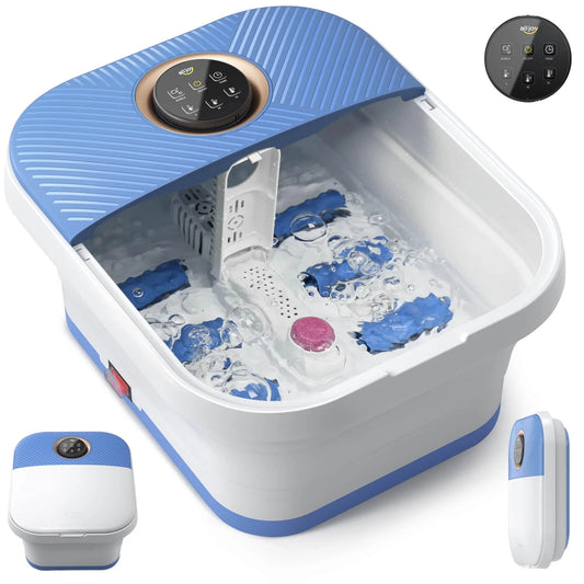 Collapsible Foot Spa Bath Massager with Heat, Remote Control, Temperature Control, Bubbles, Pumice Stone, Timer, Foot Spa Soak Tub (Bule-White)