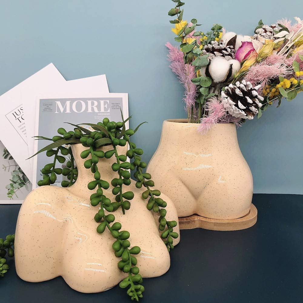 Female Form Vase, Body Vase, Boho Unique Décor, Flower Ceramic Vase for Home Office Décor, Boho Décor, Sculpture Vase (Light Beige Tone)