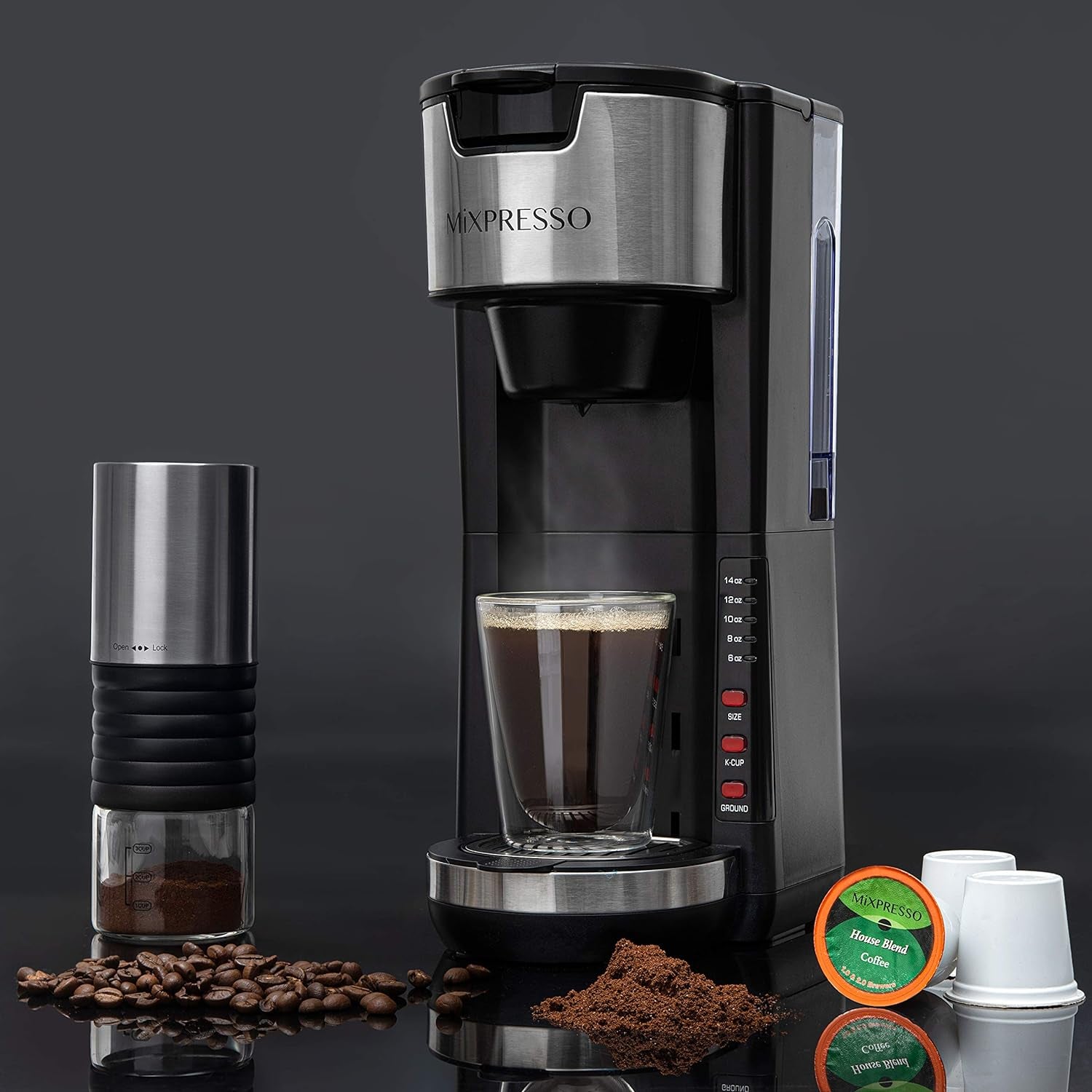 Black Single Serve Coffee Brewer K-Cup Pods Compatible & Ground, 30 Oz Compact Coffee Maker Single Serve with 5 Brew Sizes up to 14 Oz, Fits Travel Mug, Adjustable Drip Tray