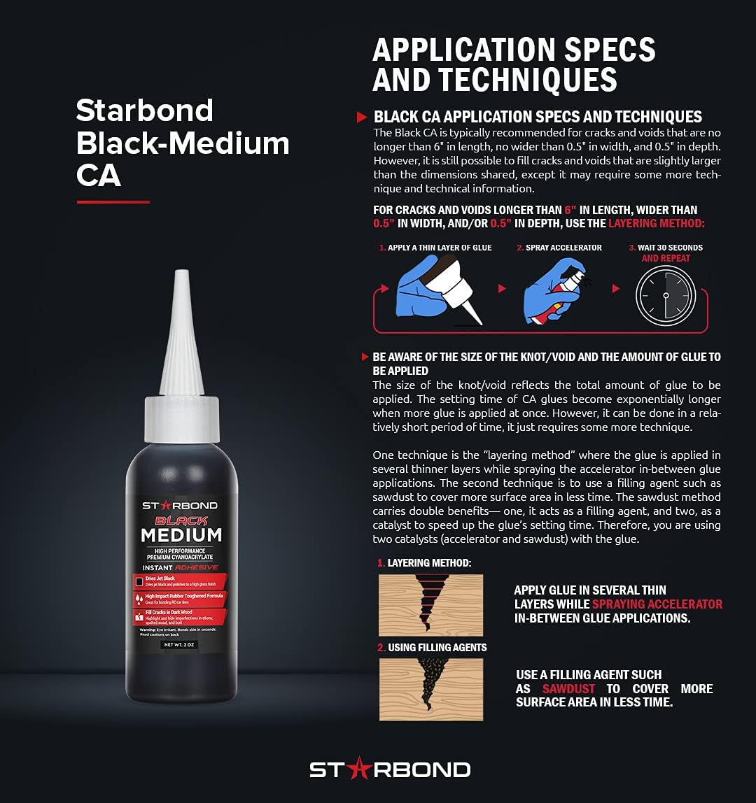 Black Medium CA Glue, Premium Cyanoacrylate Super Glue, Crack Filler 150 CPS Viscosity, for Woodworking, Woodturning, Carpentry, Guitar, RC, Hobby, 2Oz