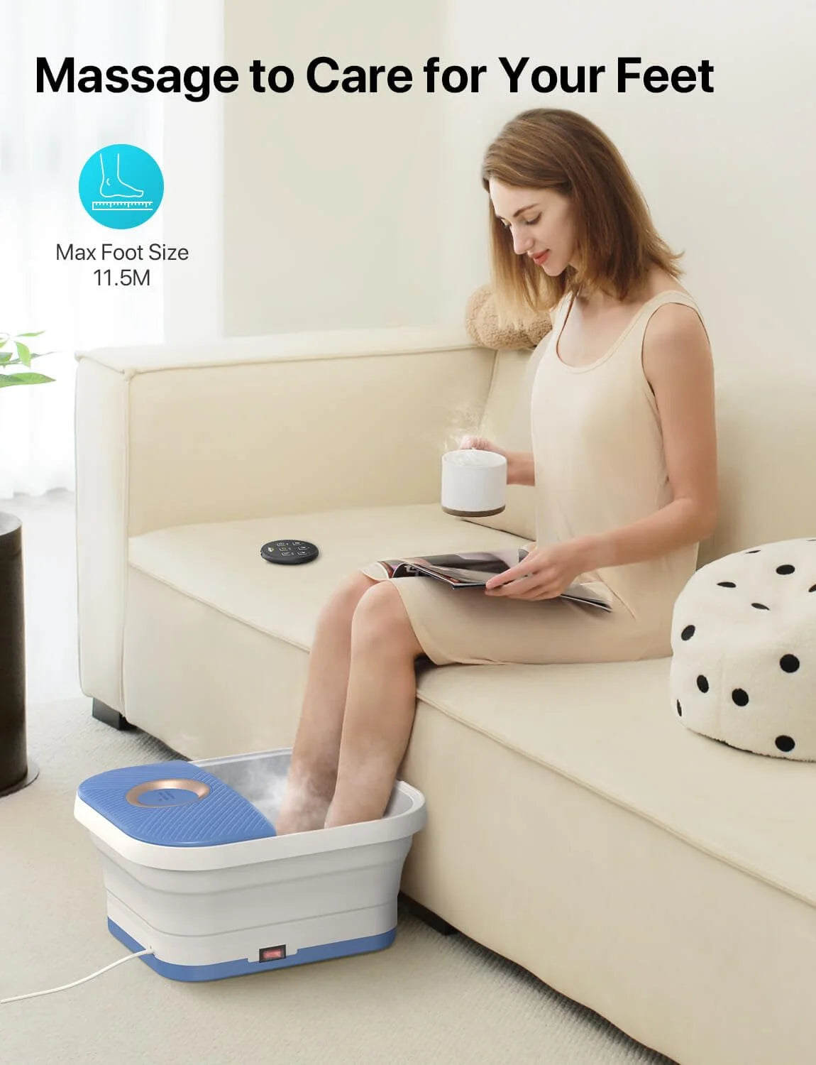Collapsible Foot Spa Bath Massager with Heat, Remote Control, Temperature Control, Bubbles, Pumice Stone, Timer, Foot Spa Soak Tub (Bule-White)