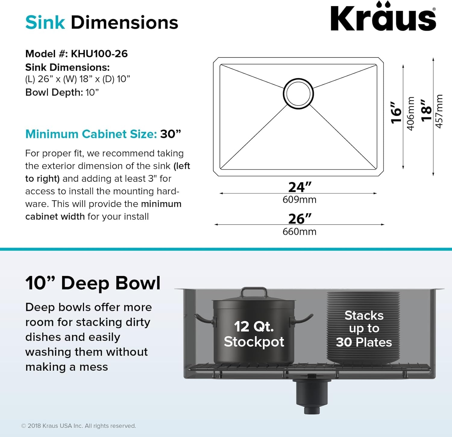 Standart PRO 26-Inch 16 Gauge Undermount Single Bowl Stainless Steel Kitchen Sink, KHU100-26