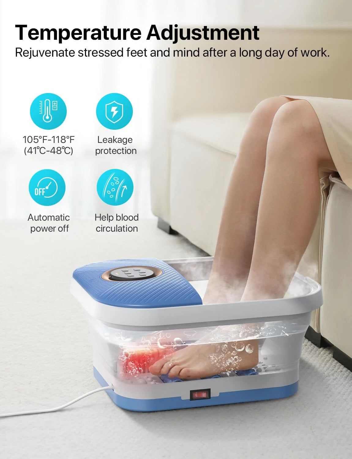 Collapsible Foot Spa Bath Massager with Heat, Remote Control, Temperature Control, Bubbles, Pumice Stone, Timer, Foot Spa Soak Tub (Bule-White)